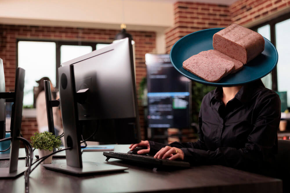 Person using a computer with a plat of Spam for a head